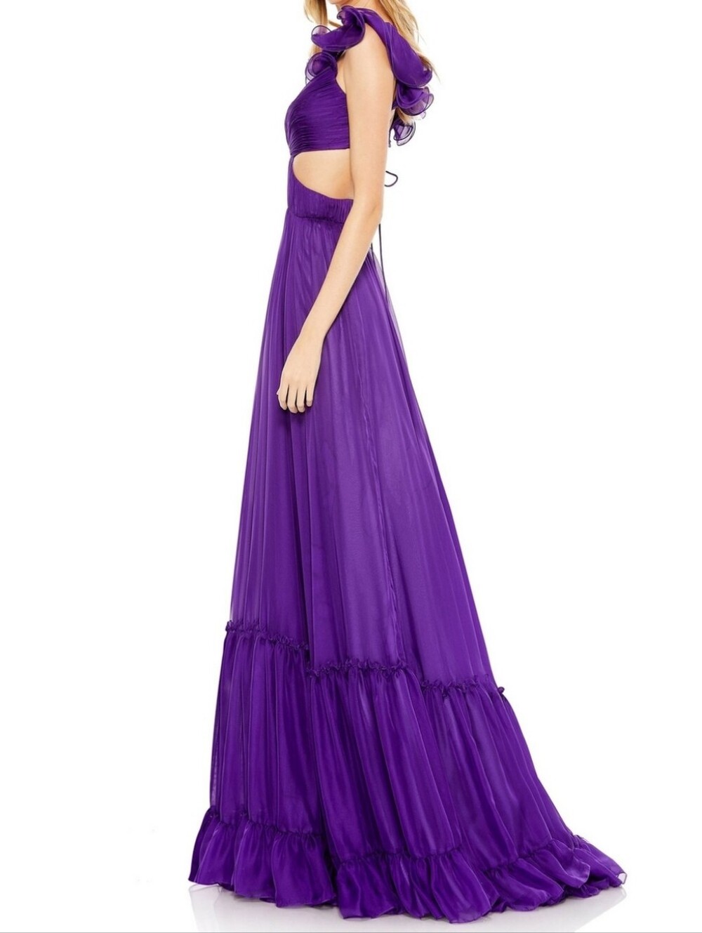 Mac Duggal 70254 Purple Ruched Ruffled Shoulder Cut Out Lace Up Gown 4 NWT Prom - Picture 3 of 13
